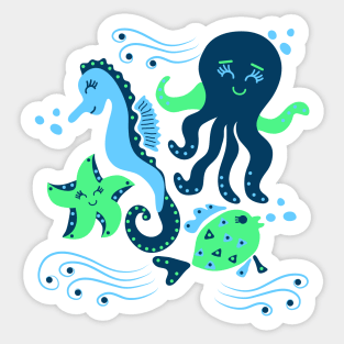 Aqua ocean animals - sea horse, star fish, octopus, fish Sticker